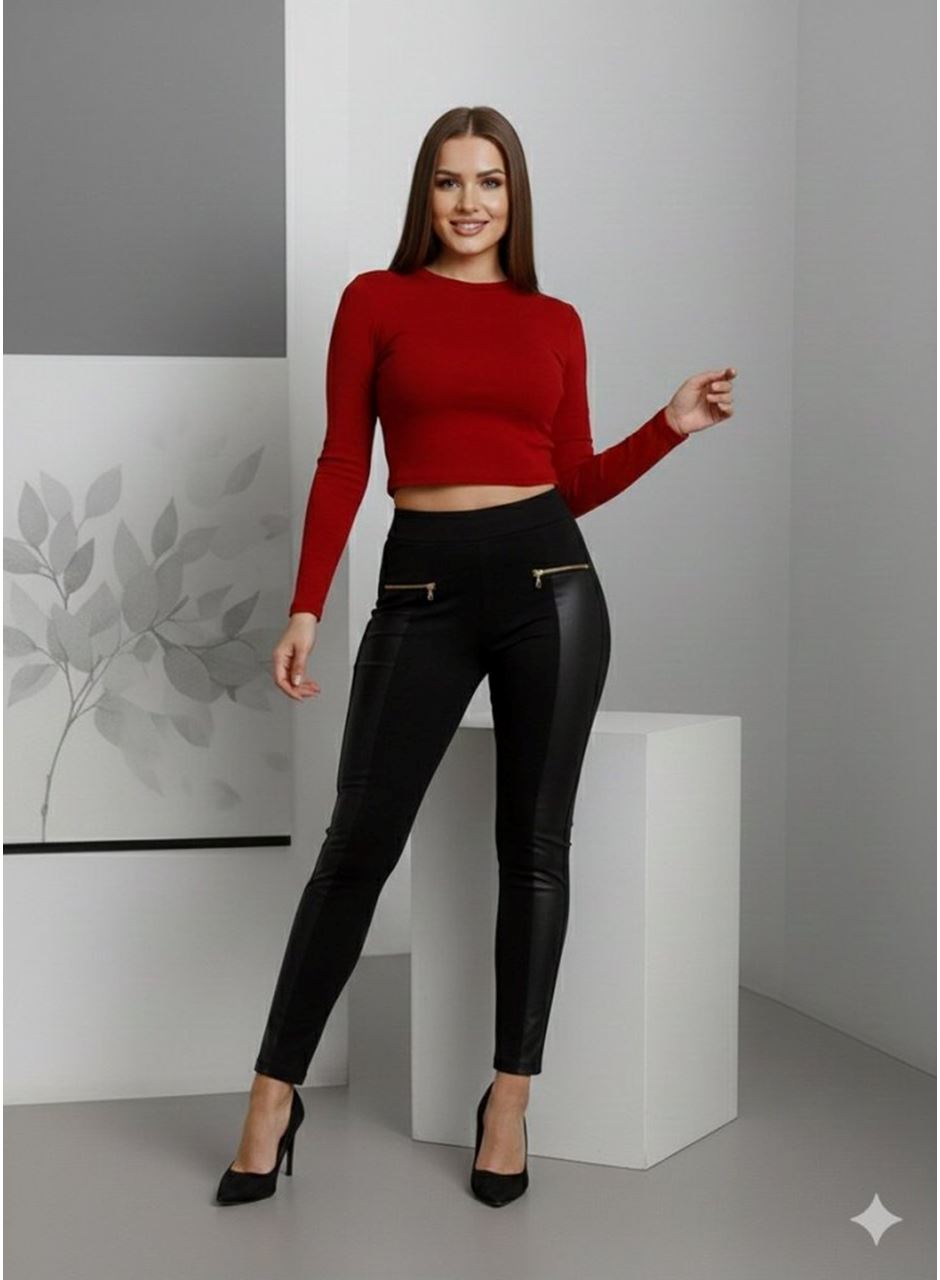 Kadın Yüksek Bel Deri Detaylı Fermuarlı Dalgıç Tayt