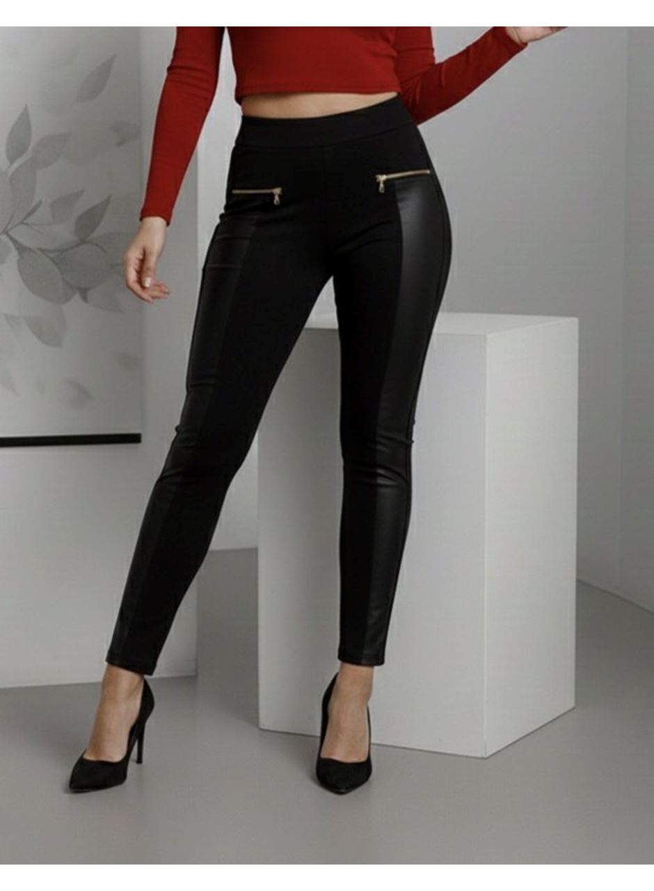 Kadın Yüksek Bel Deri Detaylı Fermuarlı Dalgıç Tayt