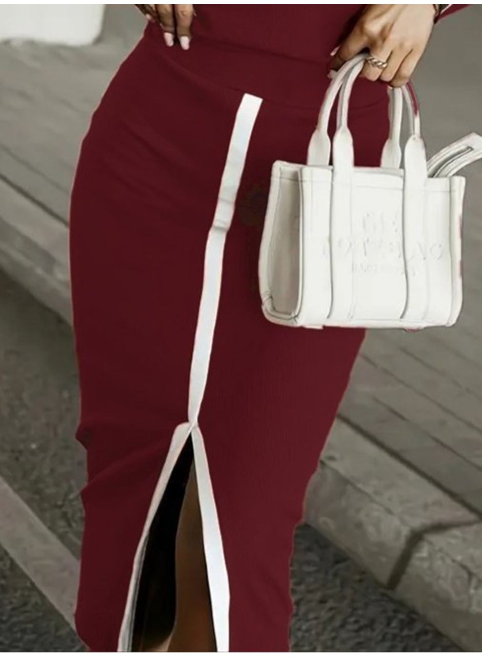 Kadın Uzun Kollu Bisiklet Yaka Kaşkorse Bluz Ve Yırtmaçlı Etek Ikili Takım