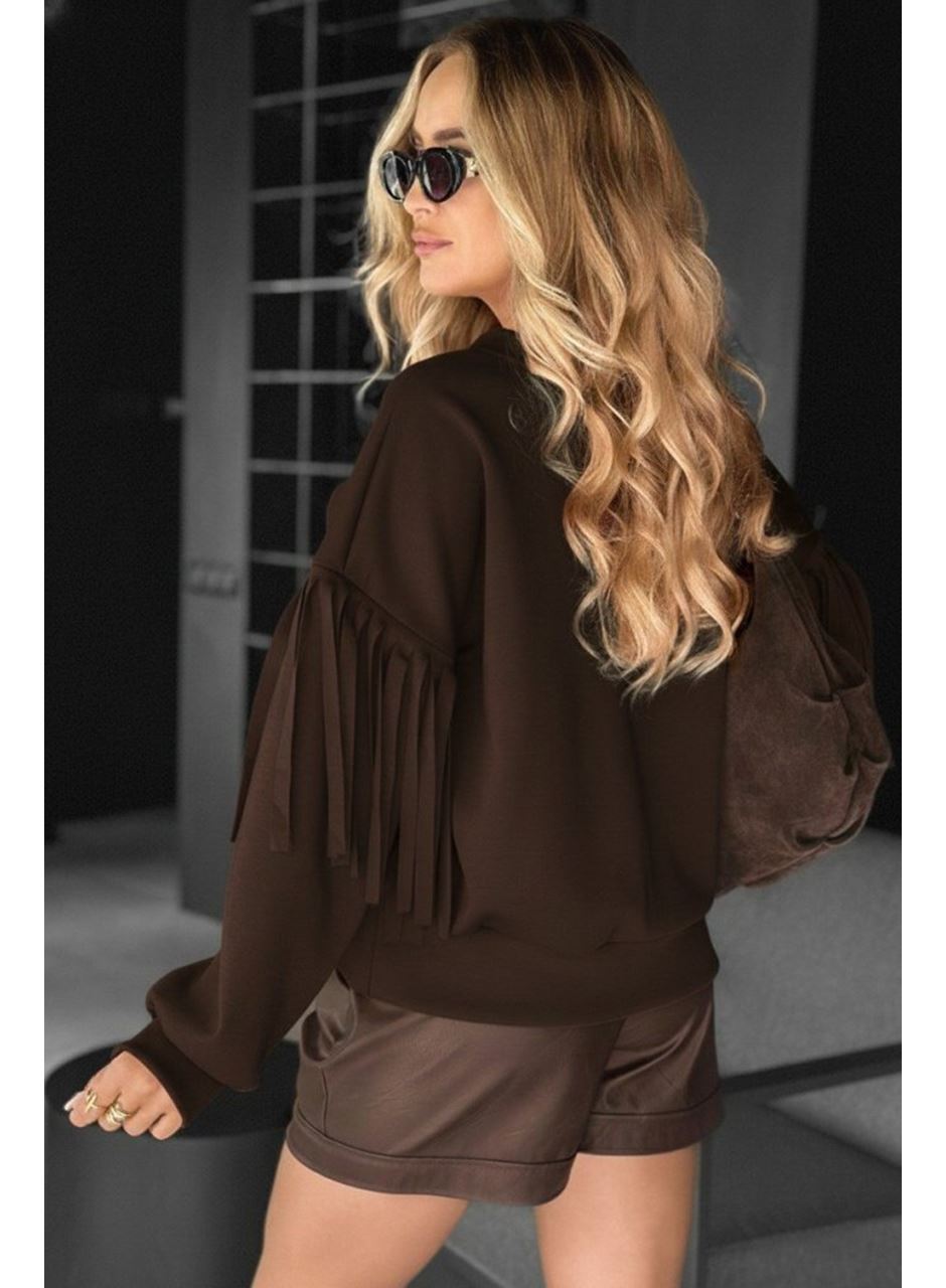 Kadın Uzun Kollu Bisiklet Yaka Kolları Püsküllü Modal Bluz