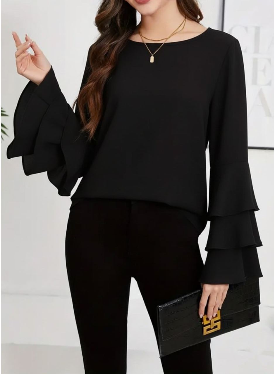 Kadın Uzun Kollu Bisiklet Yaka Kollar İspanyol Volanlı Sandy Bluz