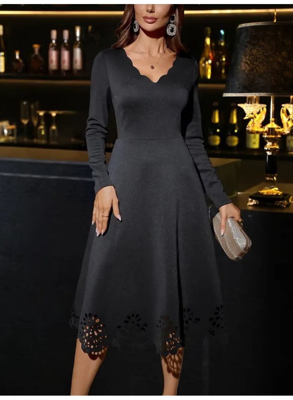 Kadın Uzun Kollu V Yakalı Lazer Kesim Detaylı Midi Ithal Krep Elbise