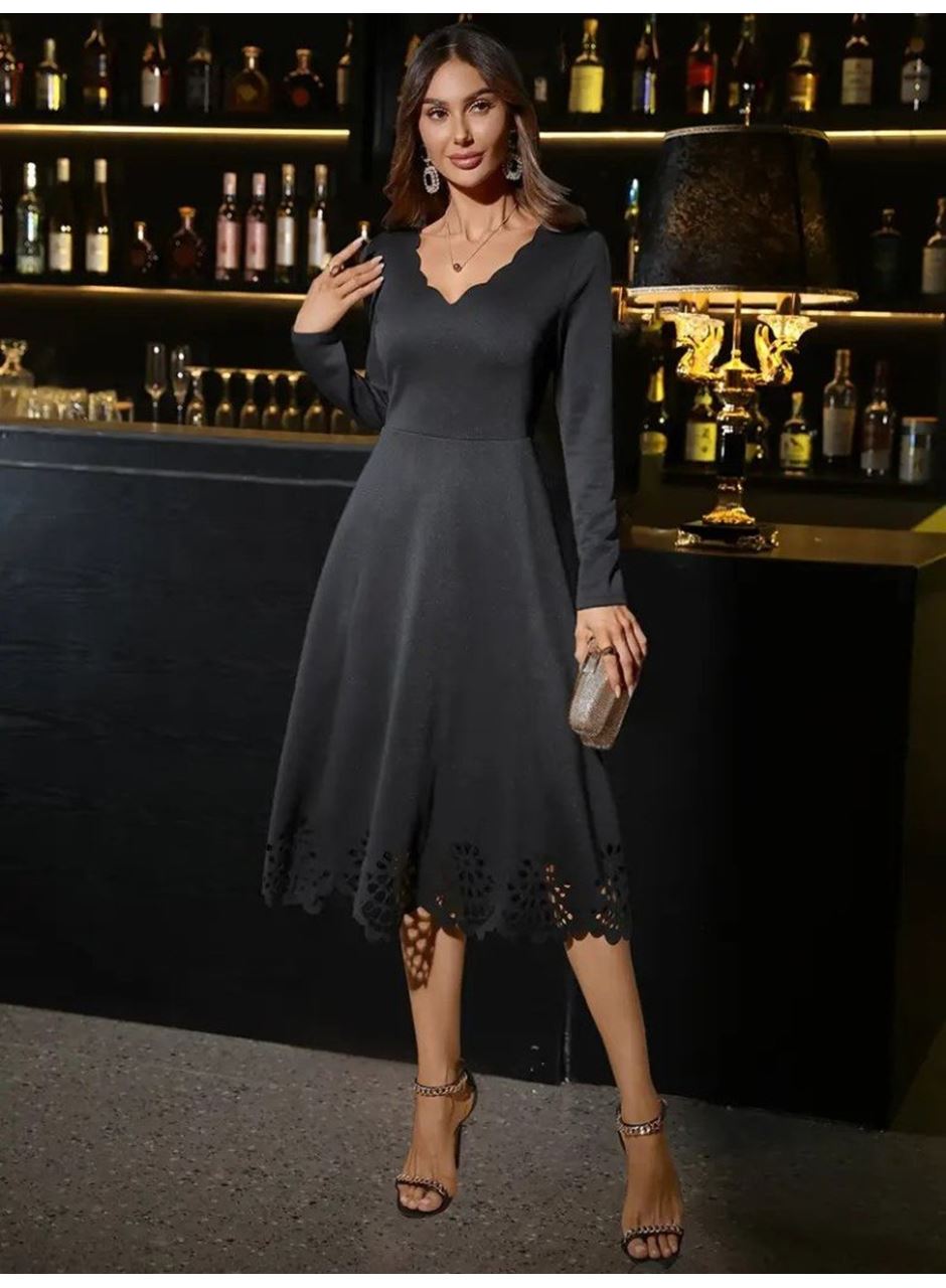 Kadın Uzun Kollu V Yakalı Lazer Kesim Detaylı Midi Ithal Krep Elbise