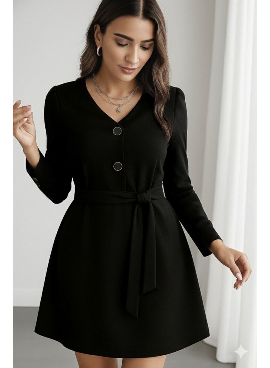 Kadın Uzun Kollu Düğme Detaylı Kendinden Kemerli Ithal Krep Elbise