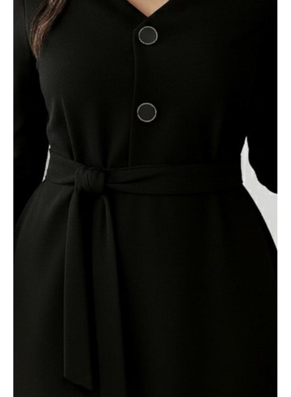 Kadın Uzun Kollu Düğme Detaylı Kendinden Kemerli Ithal Krep Elbise