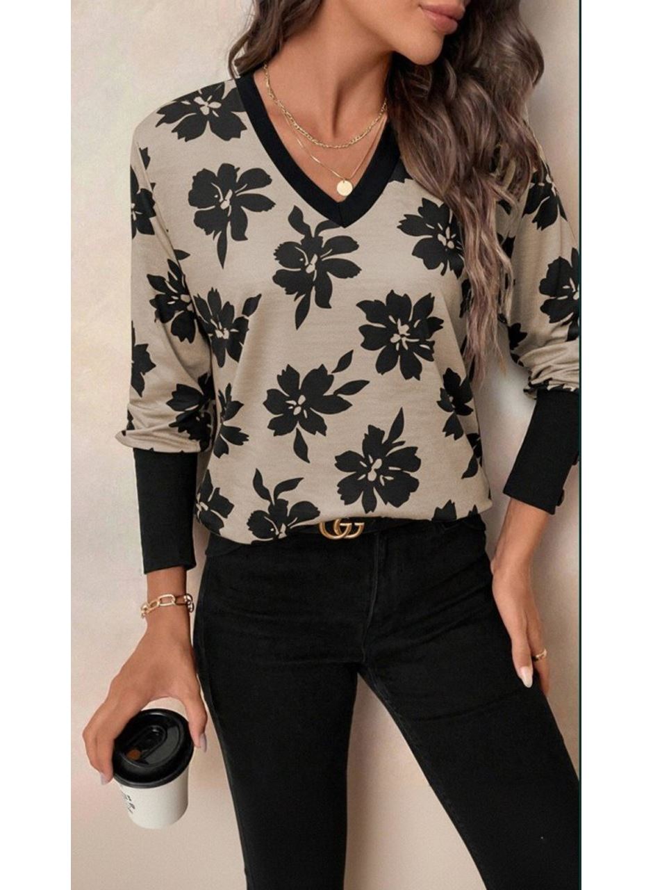 Kadın Uzun Kollu V Yakalı Desenli Süprem Bluz