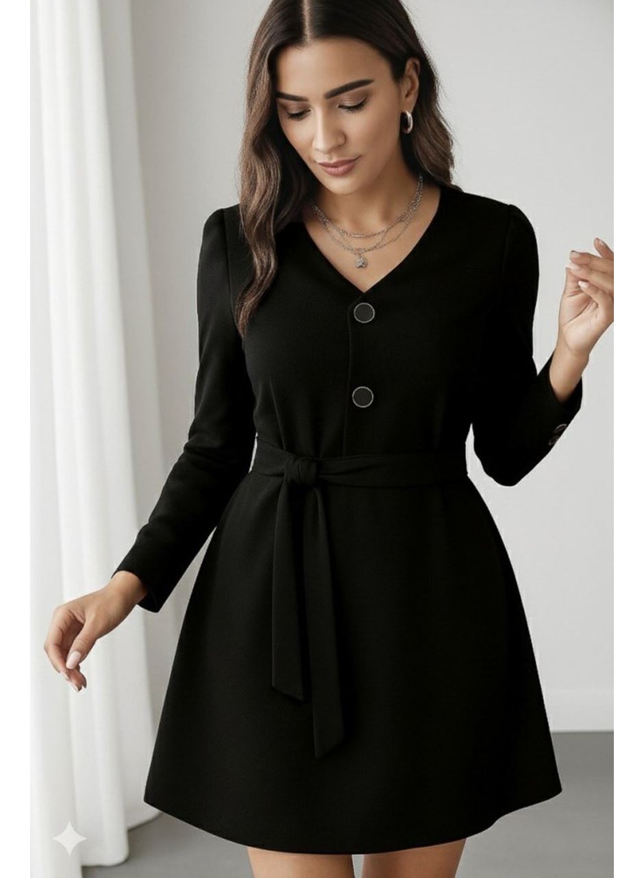 Kadın Uzun Kollu Düğme Detaylı Kendinden Kemerli Ithal Krep Elbise