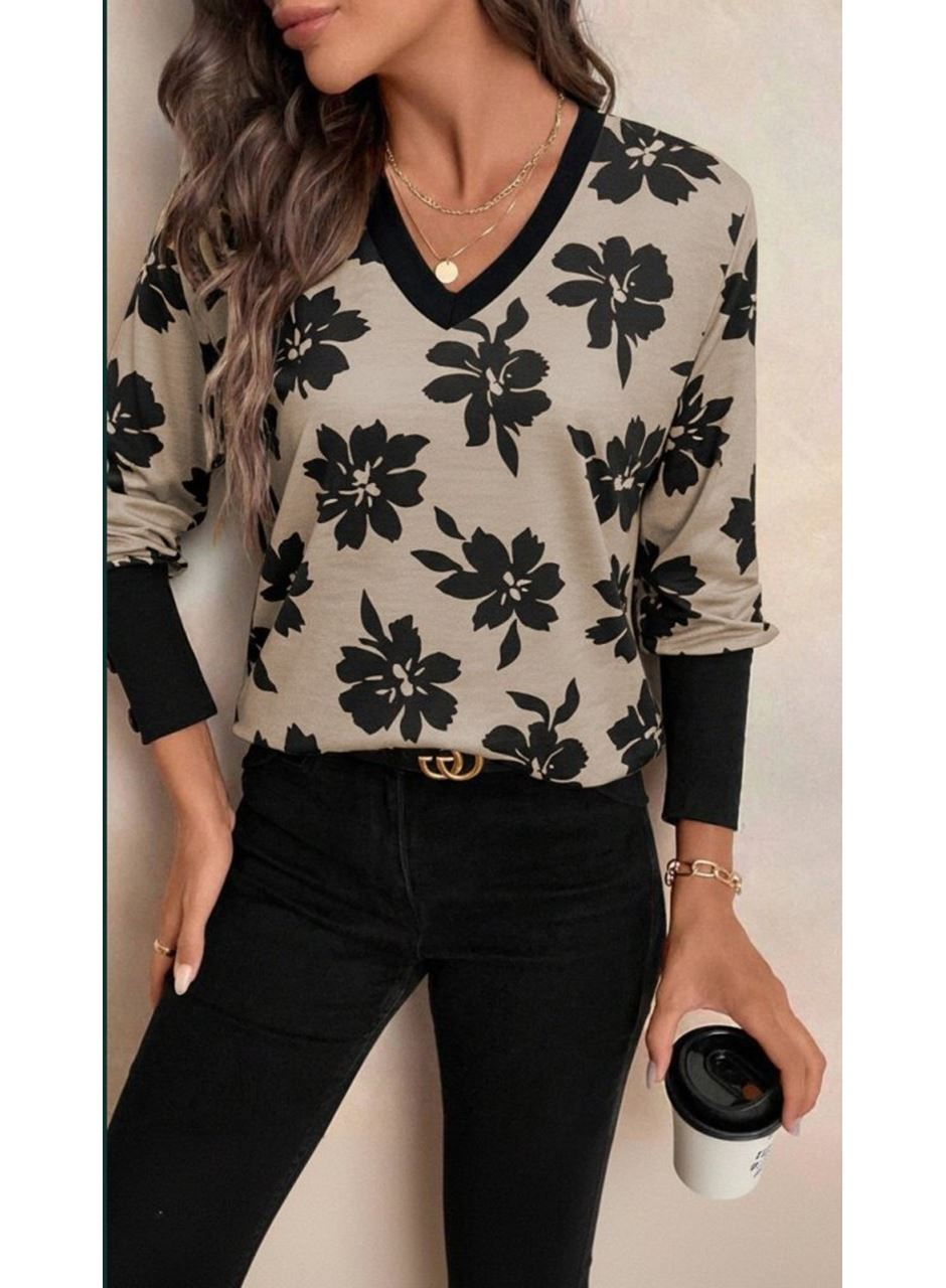 Kadın Uzun Kollu V Yakalı Desenli Süprem Bluz
