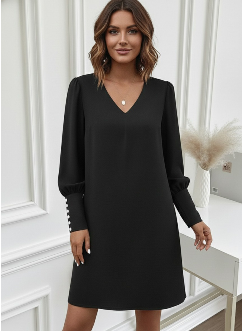Kadın Uzun Kollu V Yakalı Kısa Ithal Krep Elbise