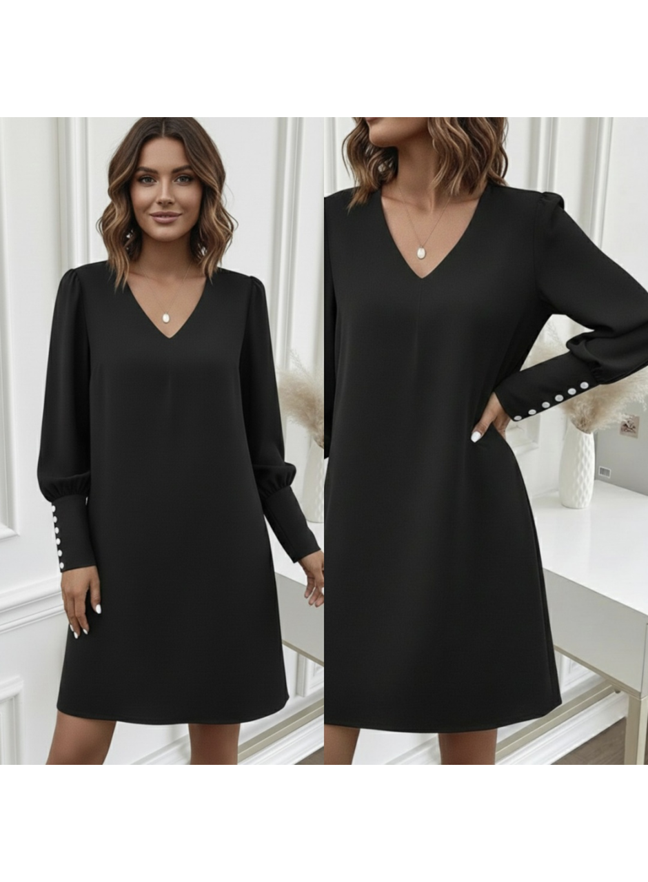 Kadın Uzun Kollu V Yakalı Kısa Ithal Krep Elbise