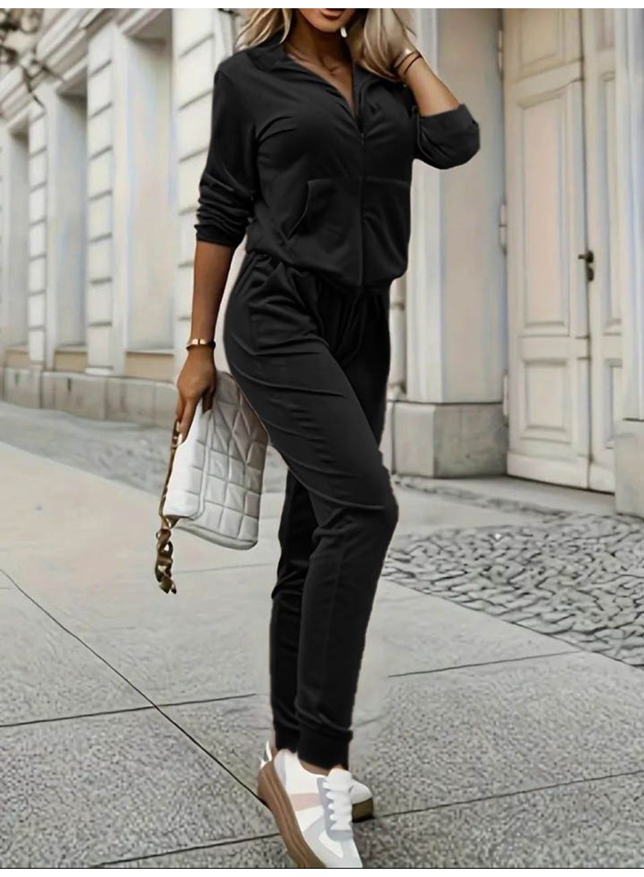 Kadın Uzun Kollu önden Cepli Fermuarlı Kadife Bluz Ve Pantolon Ikili Takım