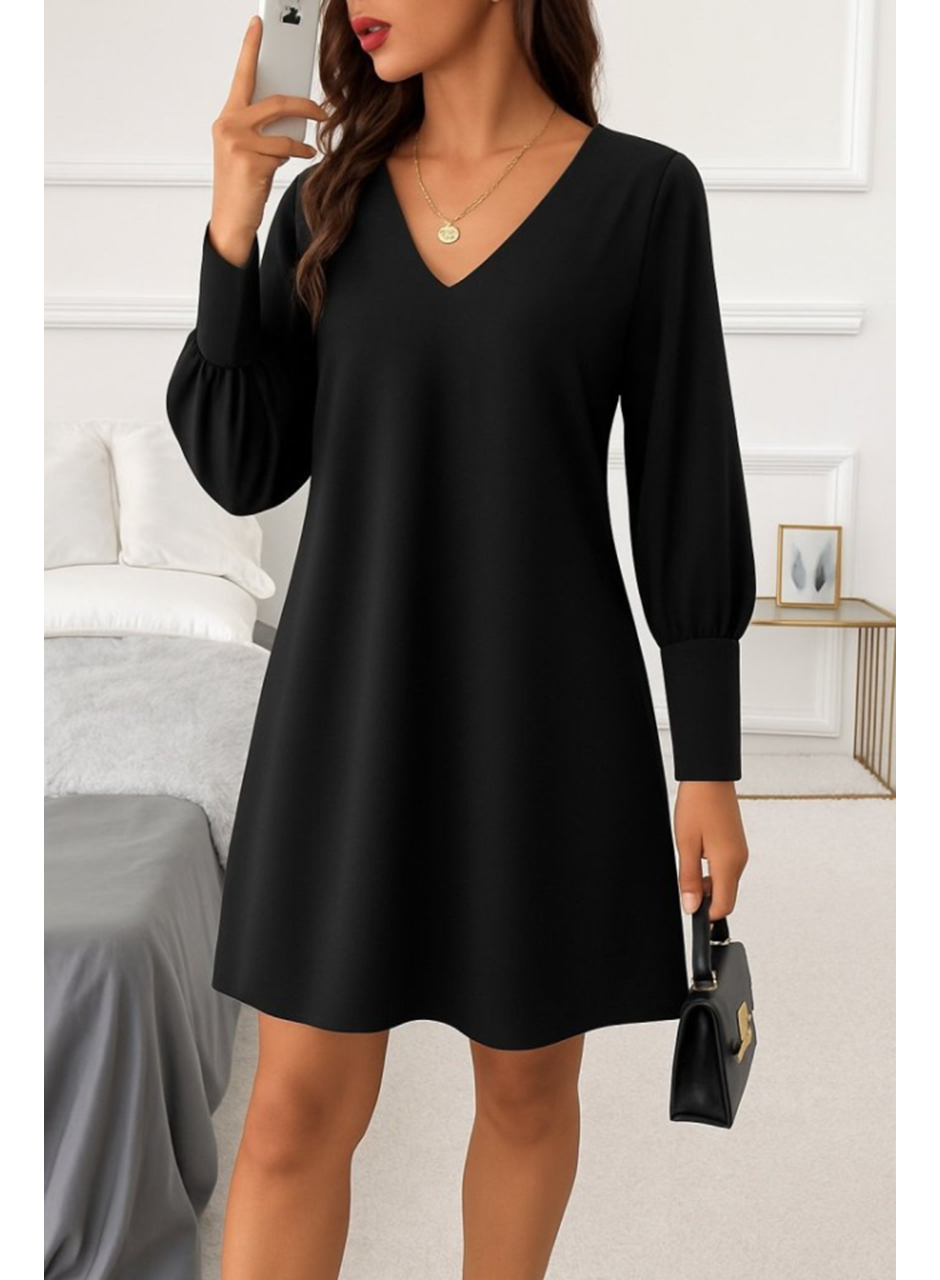 Kadın Uzun Kollu V Yakalı Kısa Ithal Krep Elbise