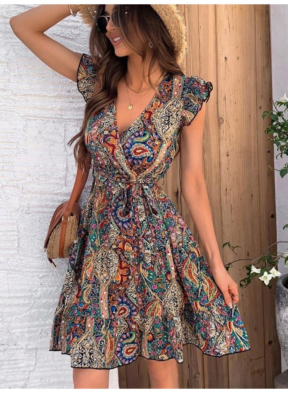 Kadın Kısa Kelebek Kollu Kruvaze Yakalı Süprem Elbise