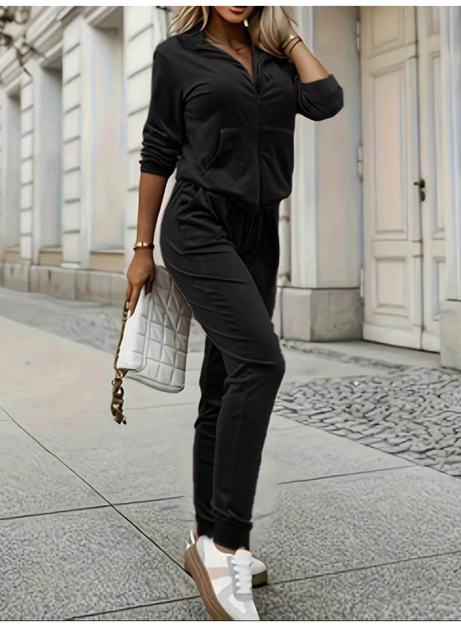 Kadın Uzun Kollu önden Cepli Fermuarlı Kadife Bluz Ve Pantolon Ikili Takım