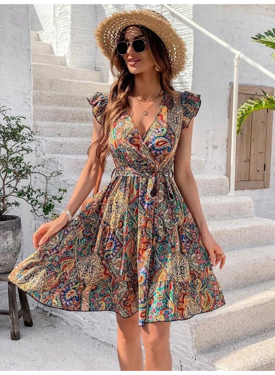 Kadın Kısa Kelebek Kollu Kruvaze Yakalı Süprem Elbise