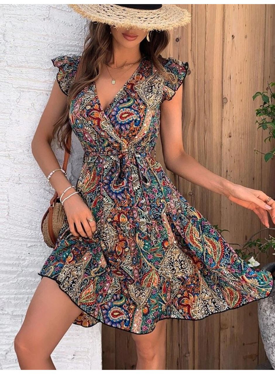 Kadın Kısa Kelebek Kollu Kruvaze Yakalı Süprem Elbise