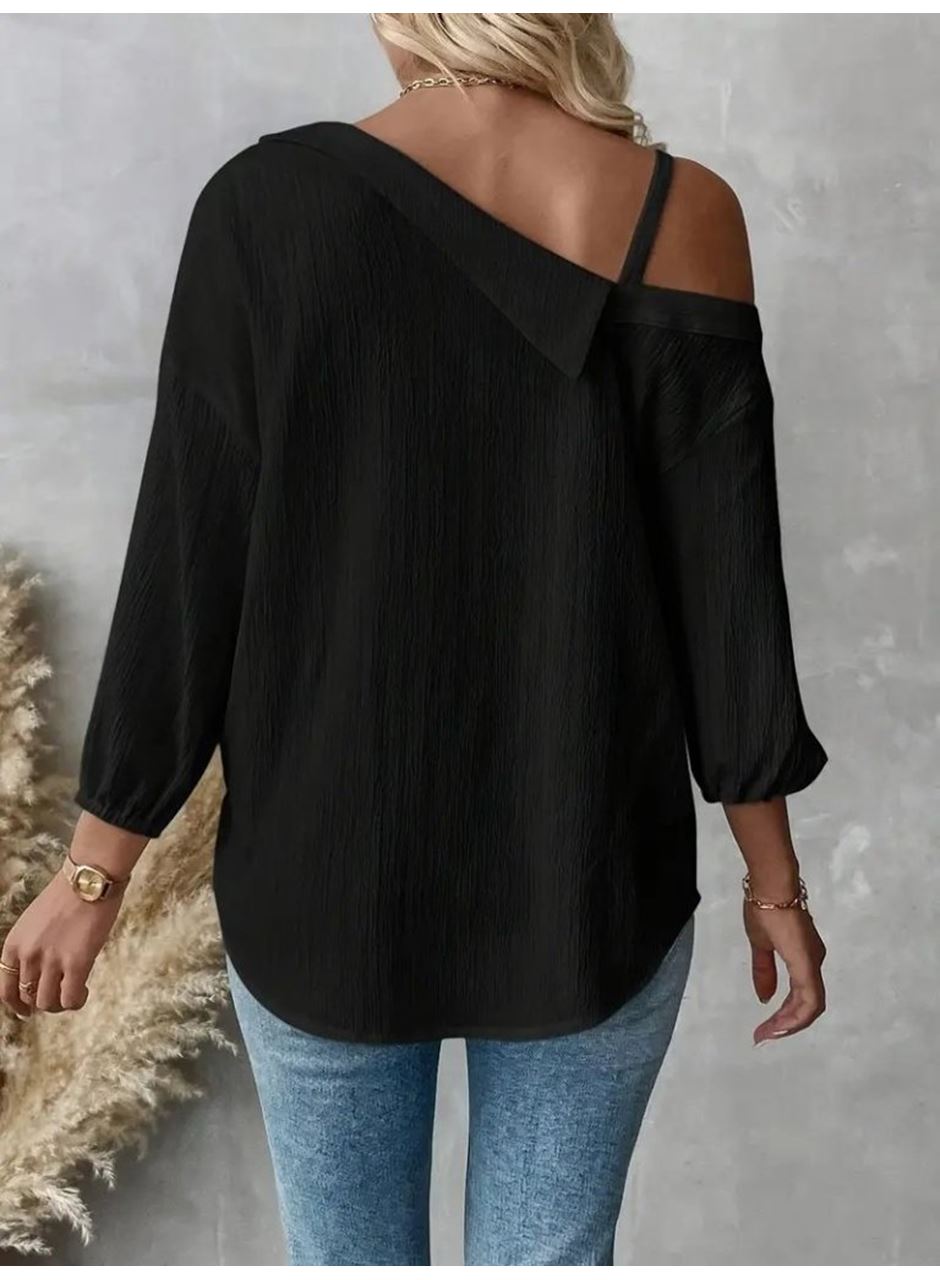 Kadın Tek Omuzdan Açık Askılı Uzun Kollu Yakalı önden Düğmeli Gömlek