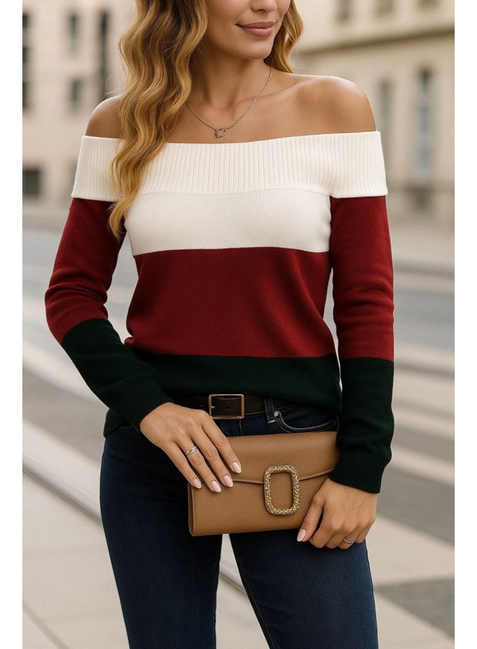 Kadın Uzun Kollu Omuzlardan Açık Uzun Kollu Blok çizgili Triko Bluz