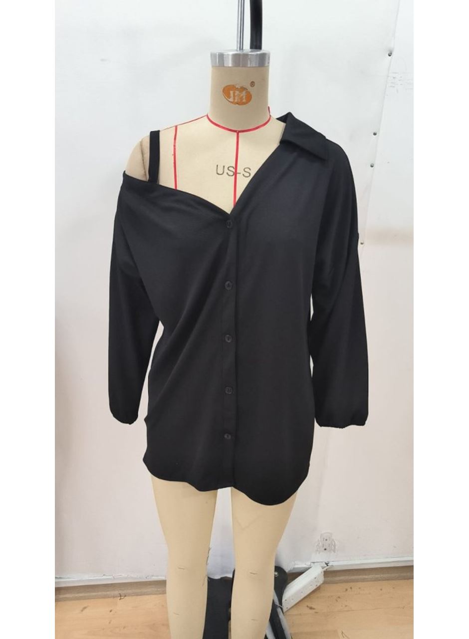 Kadın Tek Omuzdan Açık Askılı Uzun Kollu Yakalı önden Düğmeli Gömlek