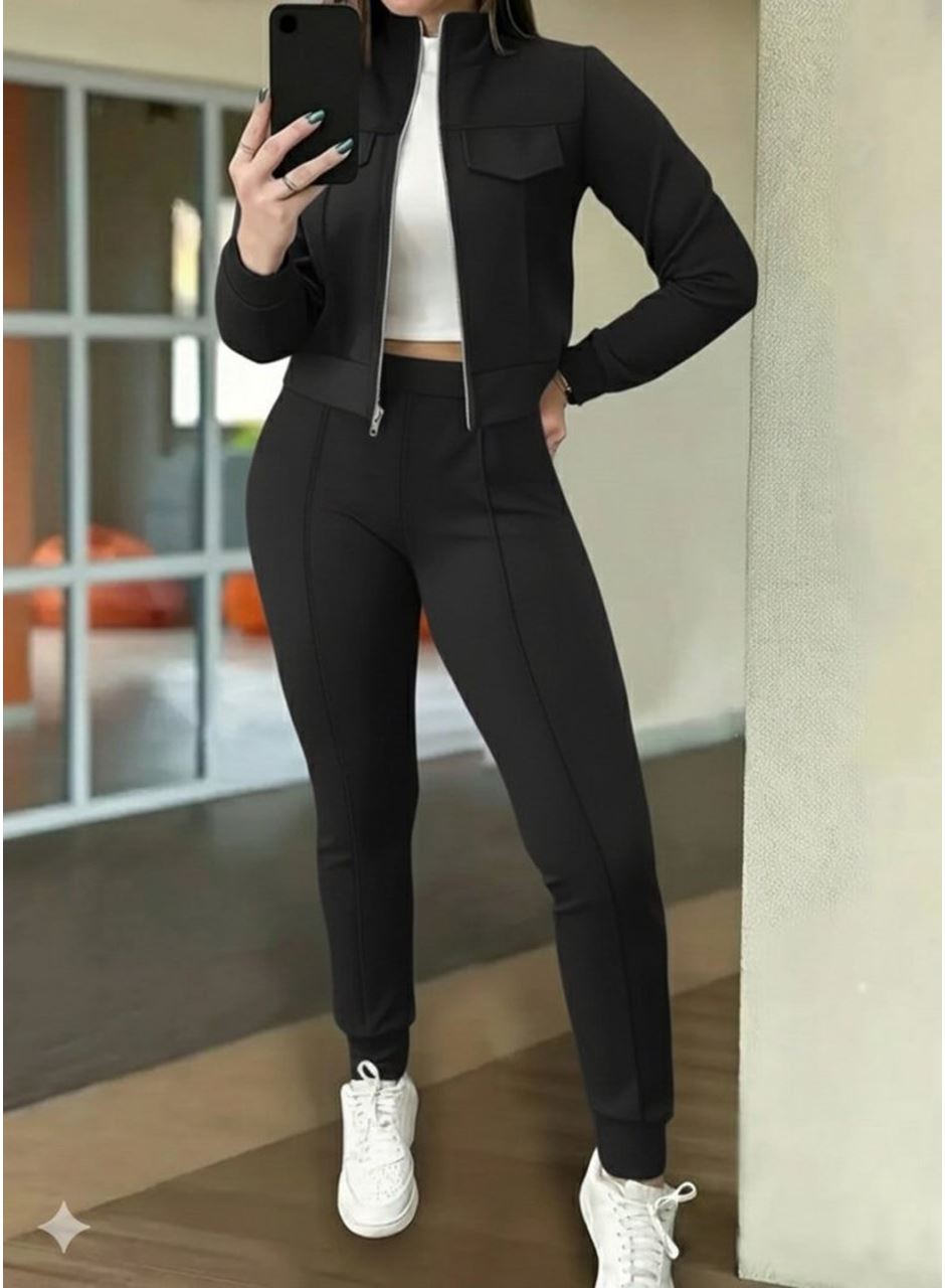 Kadın Uzun Kollu önden Fermuarlı Kısa Modal Ceket Ve Pantolon Ikili Takım