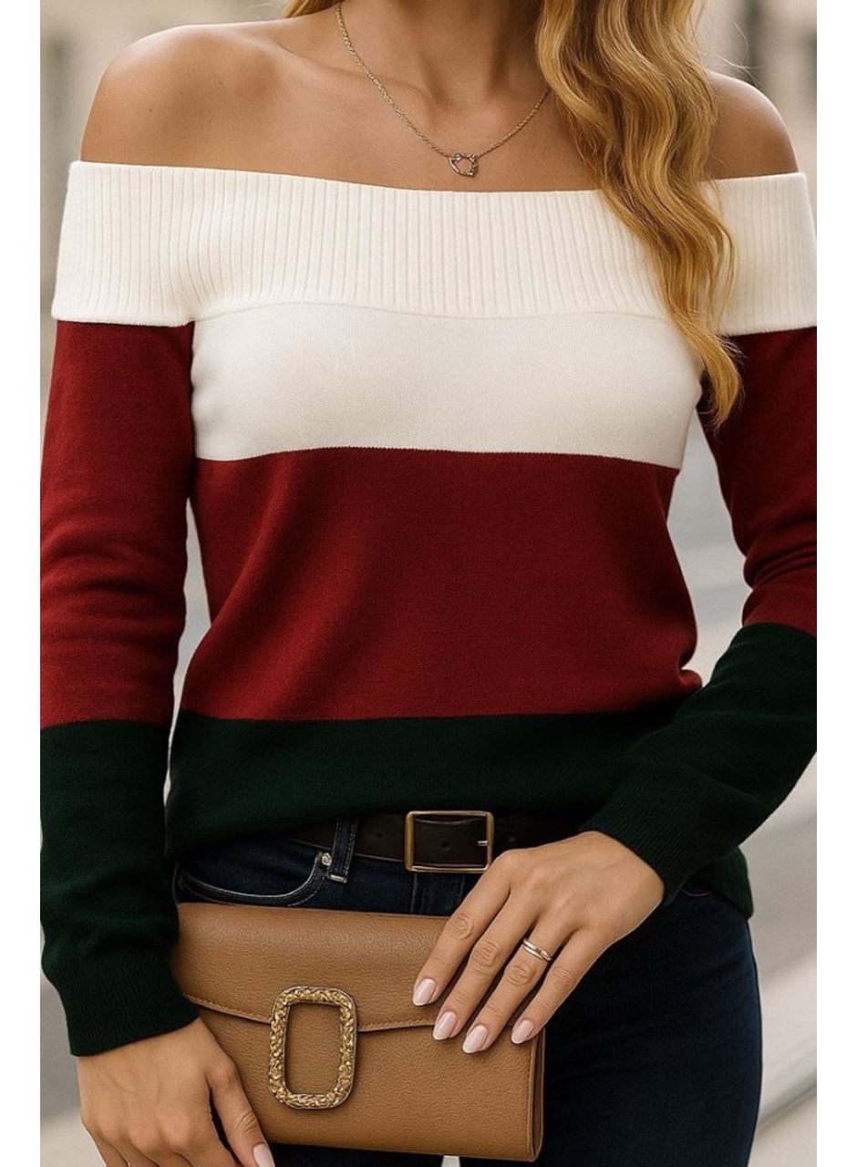 Kadın Uzun Kollu Omuzlardan Açık Uzun Kollu Blok çizgili Triko Bluz