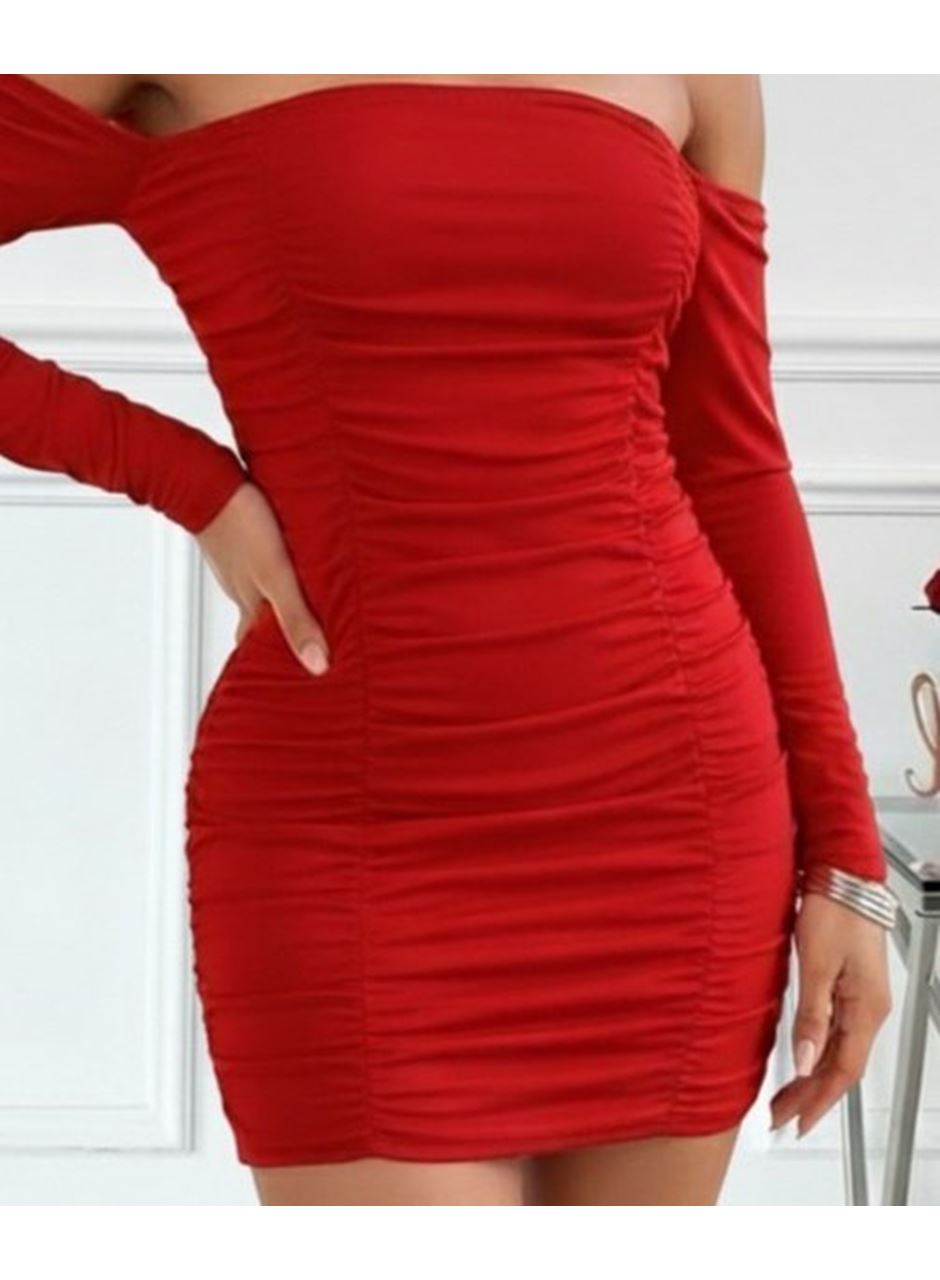 Kadın Uzun Kollu Omuzlardan Açık Takma Kollu Büzgülü Sandy Kısa Elbise