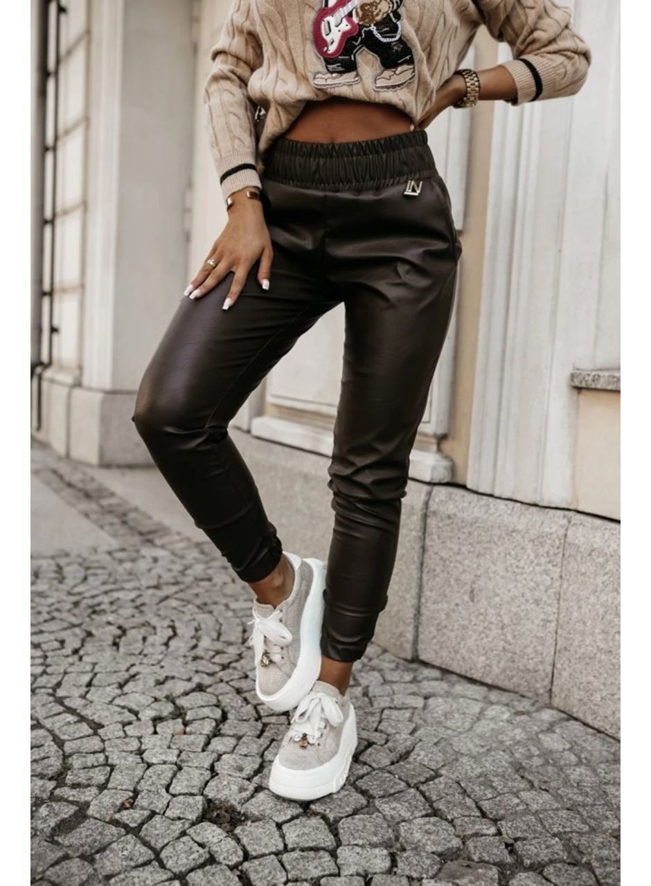 Kadın Yüksek Bel Lastikli Cepli Deri Pantolon