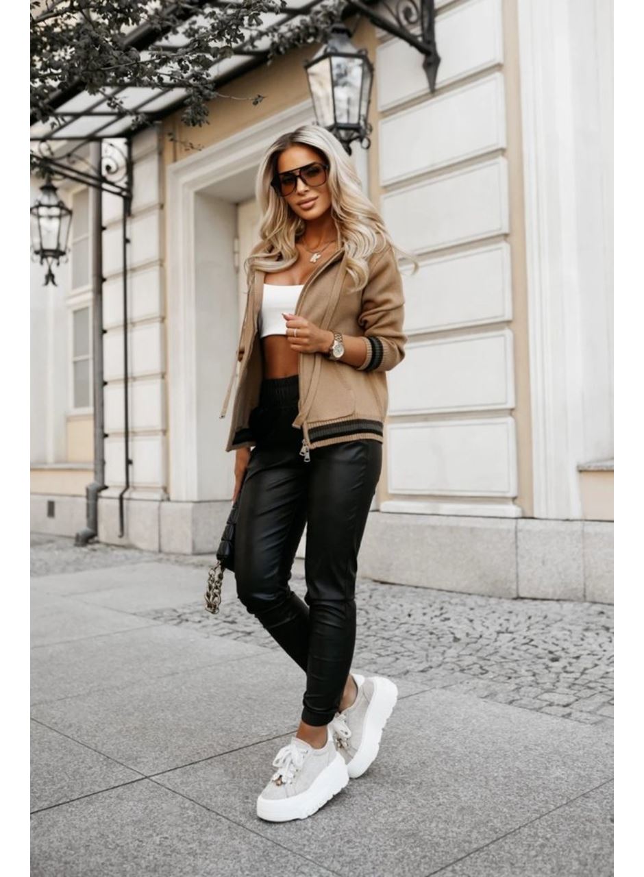 Kadın Yüksek Bel Lastikli Cepli Deri Pantolon