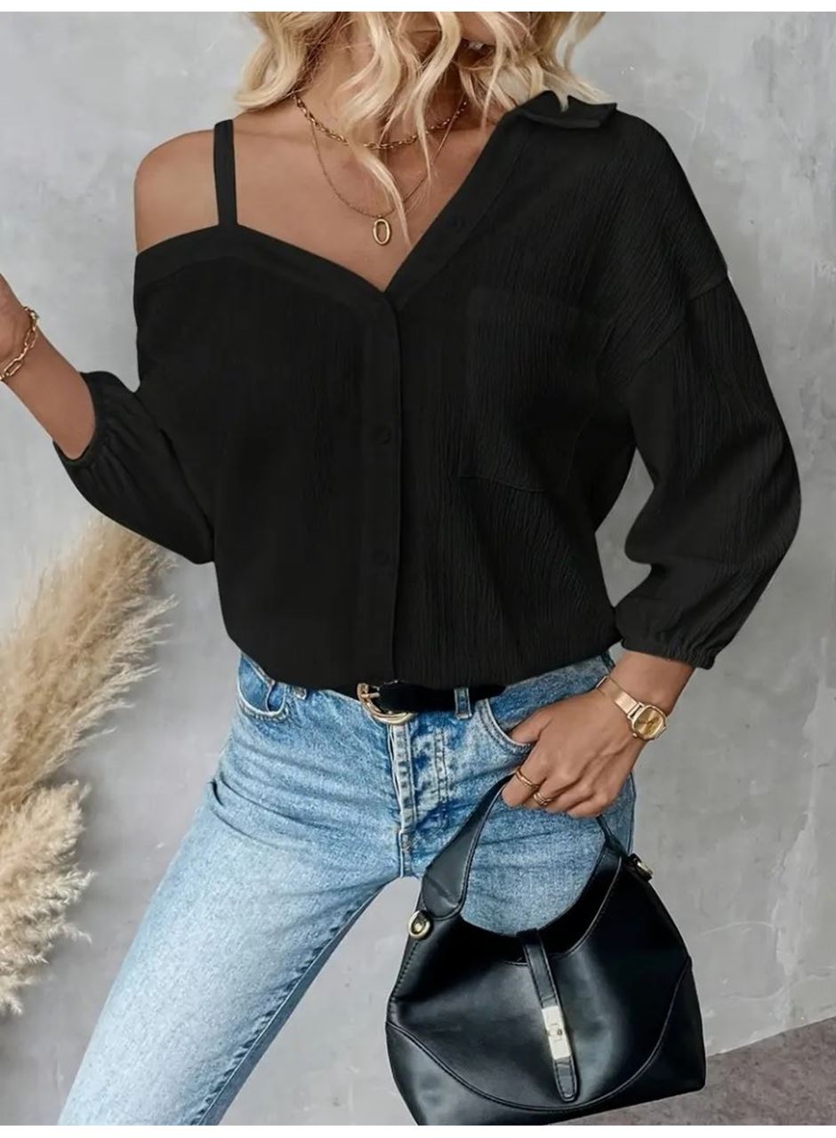 Kadın Tek Omuzdan Açık Askılı Uzun Kollu Yakalı önden Düğmeli Gömlek