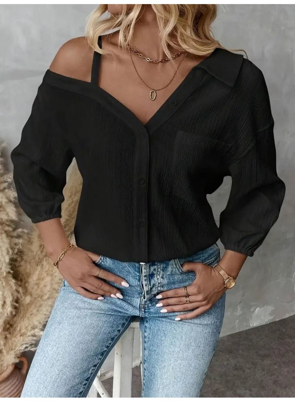 Kadın Tek Omuzdan Açık Askılı Uzun Kollu Yakalı önden Düğmeli Gömlek