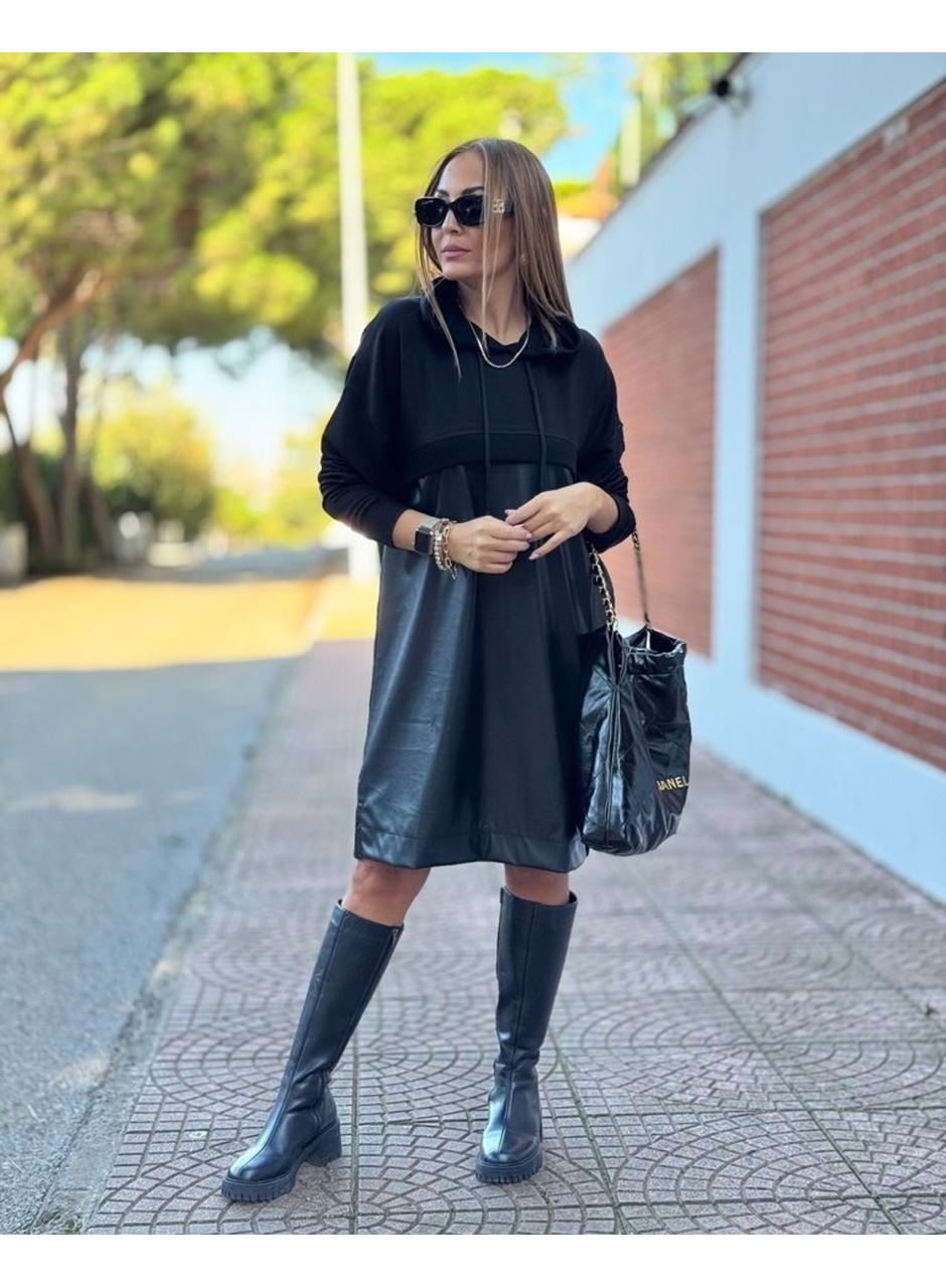 Kadın Uzun Kollu Kapüşon Ve Deri Detay Diz üstü Elbise