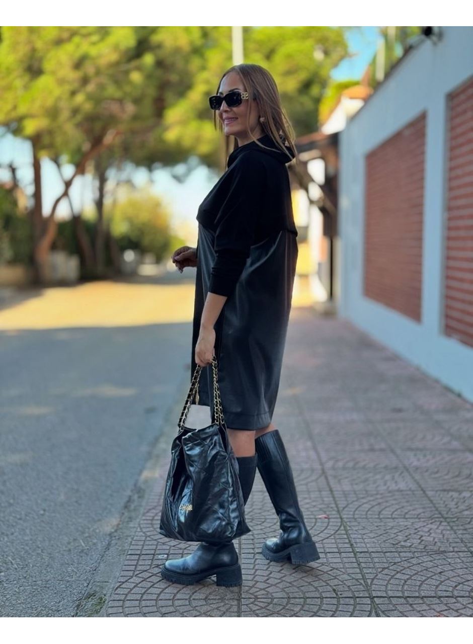 Kadın Uzun Kollu Kapüşon Ve Deri Detay Diz üstü Elbise