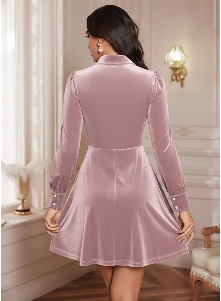 Kadın Uzun Kollu Yakalı Tül Detaylı Incili Mini Kadife Elbise