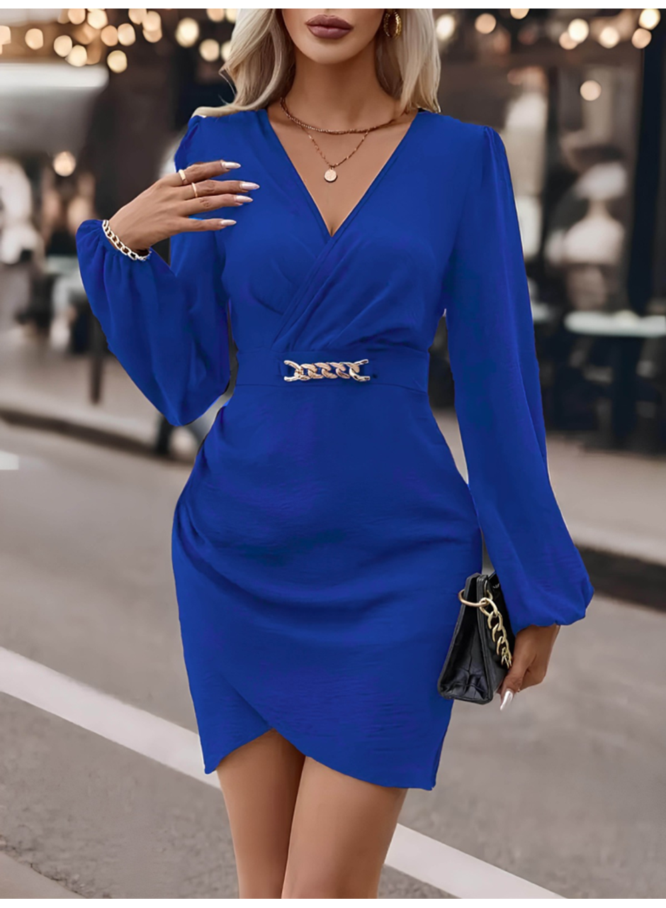 Kadın Uzun Kollu Kruvaze Yaka Yandan Büzgülü Asimetrik Detaylı Ithal Krep Mini Elbise