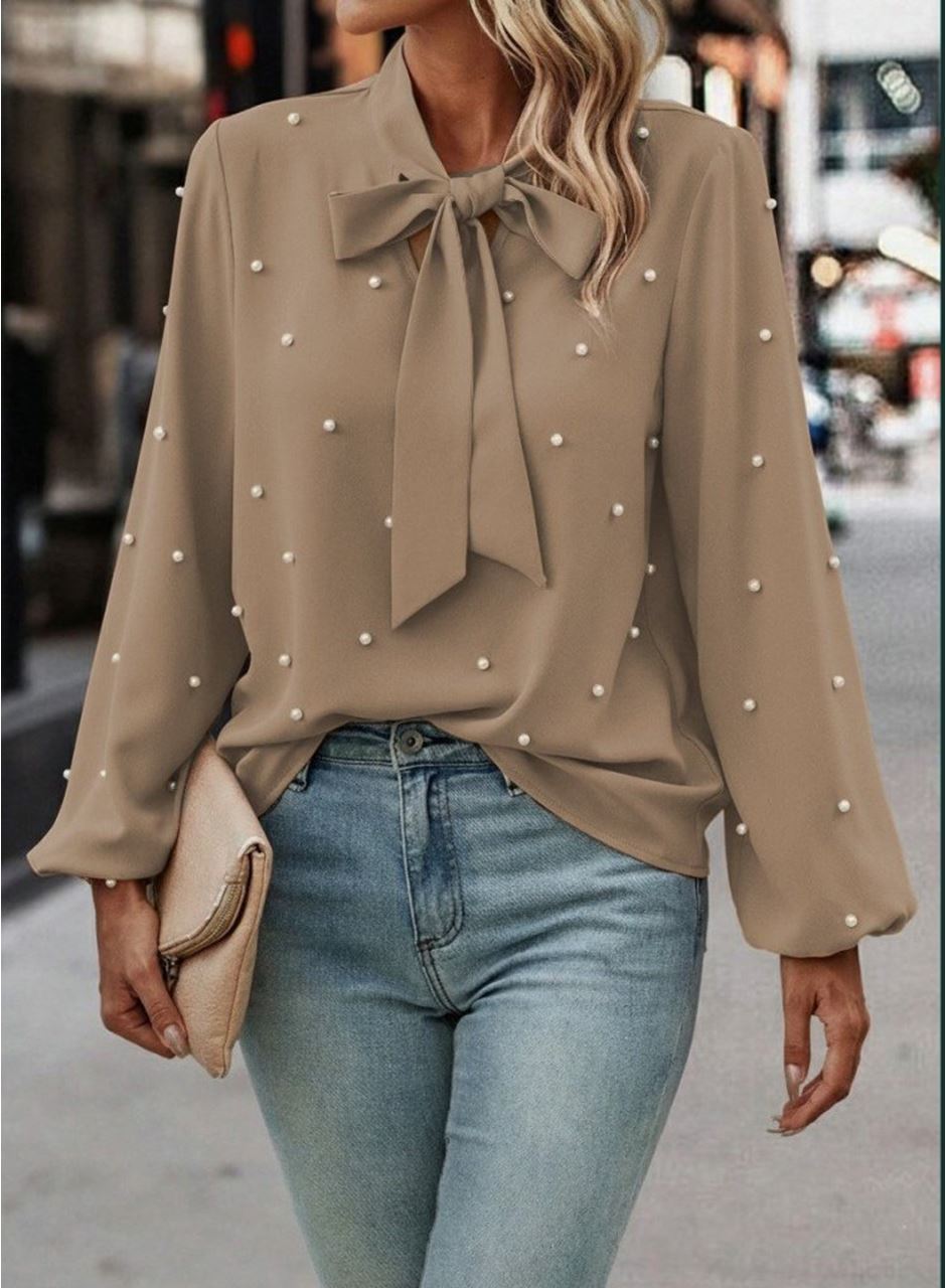 Kadın Uzun Kollu Yakadan Fiyonklu Incili Ithal Krep Bluz