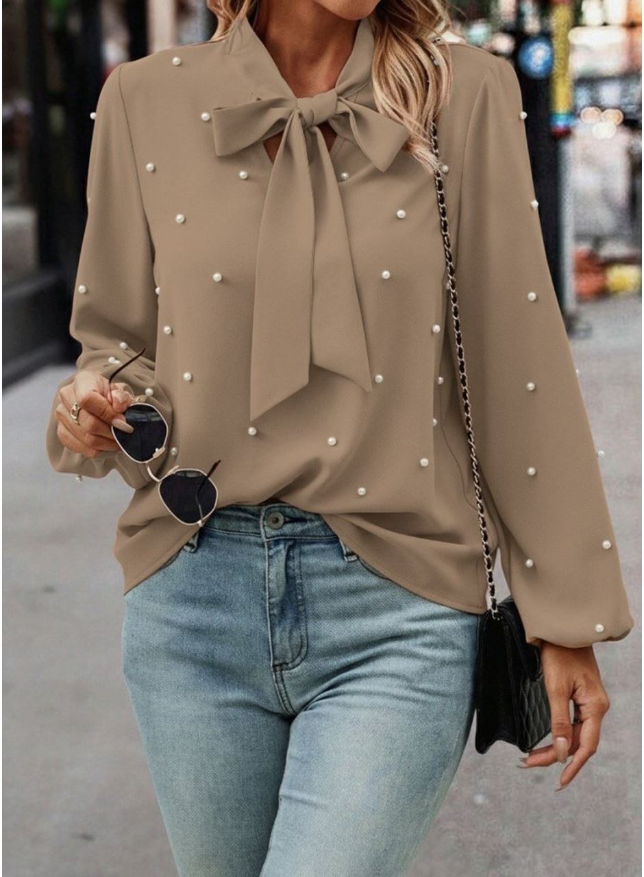 Kadın Uzun Kollu Yakadan Fiyonklu Incili Ithal Krep Bluz