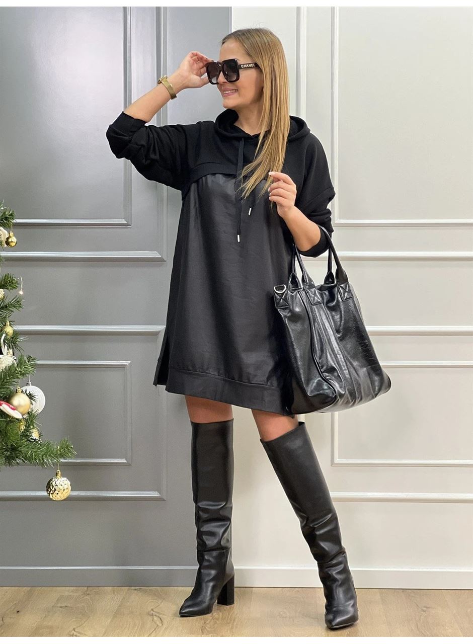Kadın Uzun Kollu Kapüşon Ve Deri Detay Diz üstü Elbise