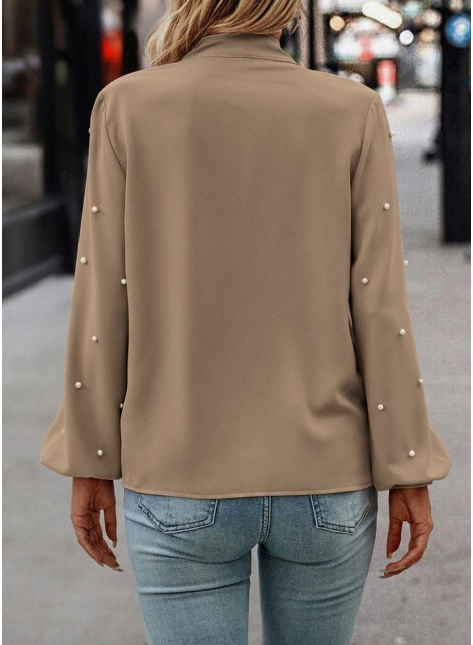 Kadın Uzun Kollu Yakadan Fiyonklu Incili Ithal Krep Bluz