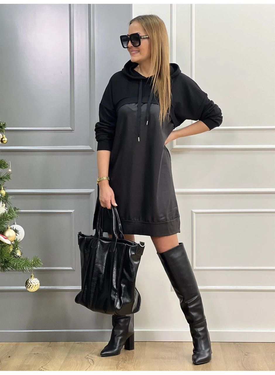 Kadın Uzun Kollu Kapüşon Ve Deri Detay Diz üstü Elbise