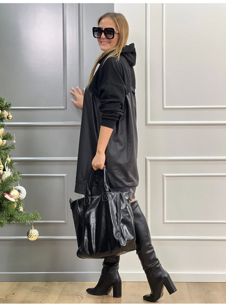 Kadın Uzun Kollu Kapüşon Ve Deri Detay Diz üstü Elbise