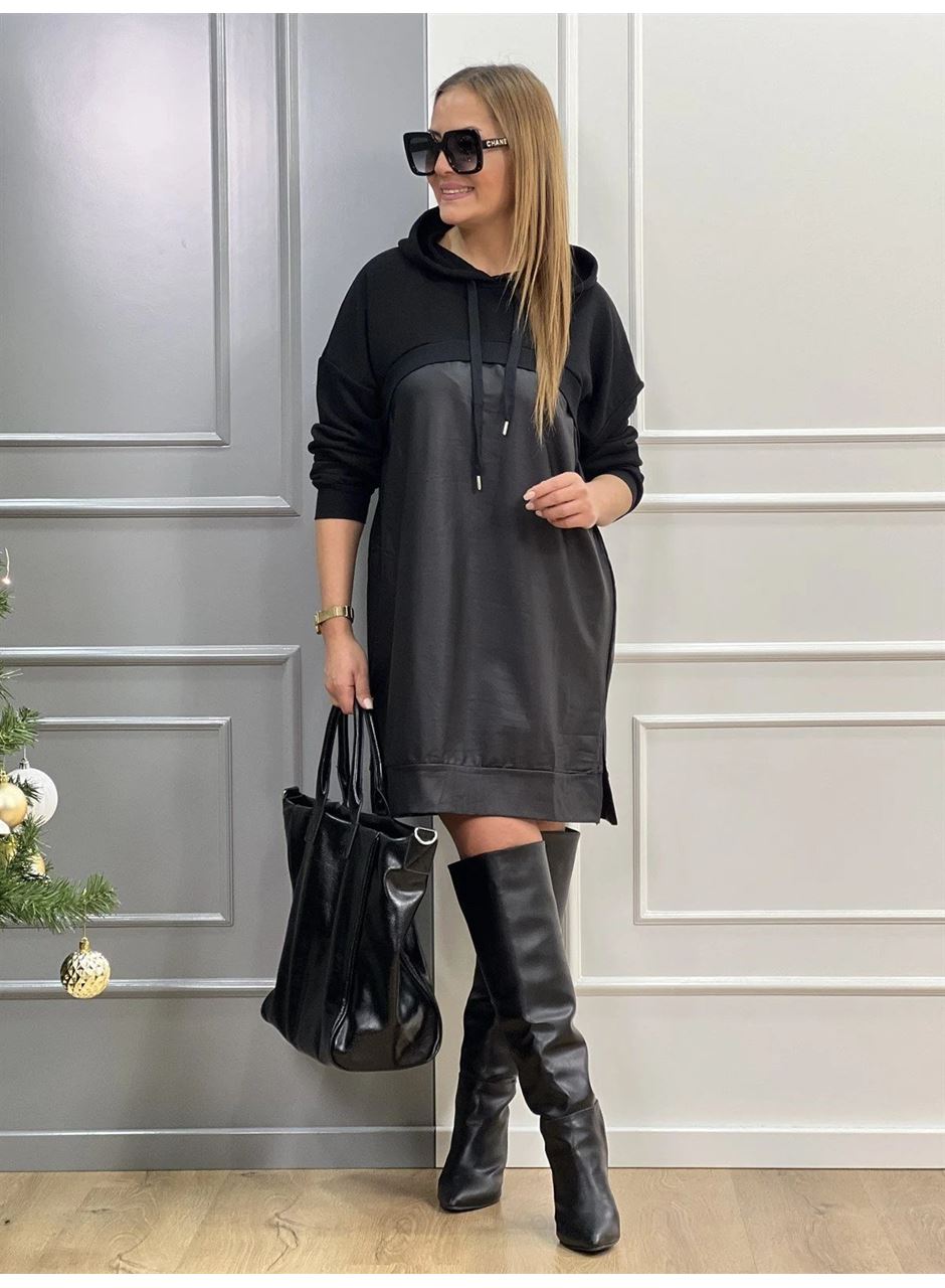 Kadın Uzun Kollu Kapüşon Ve Deri Detay Diz üstü Elbise