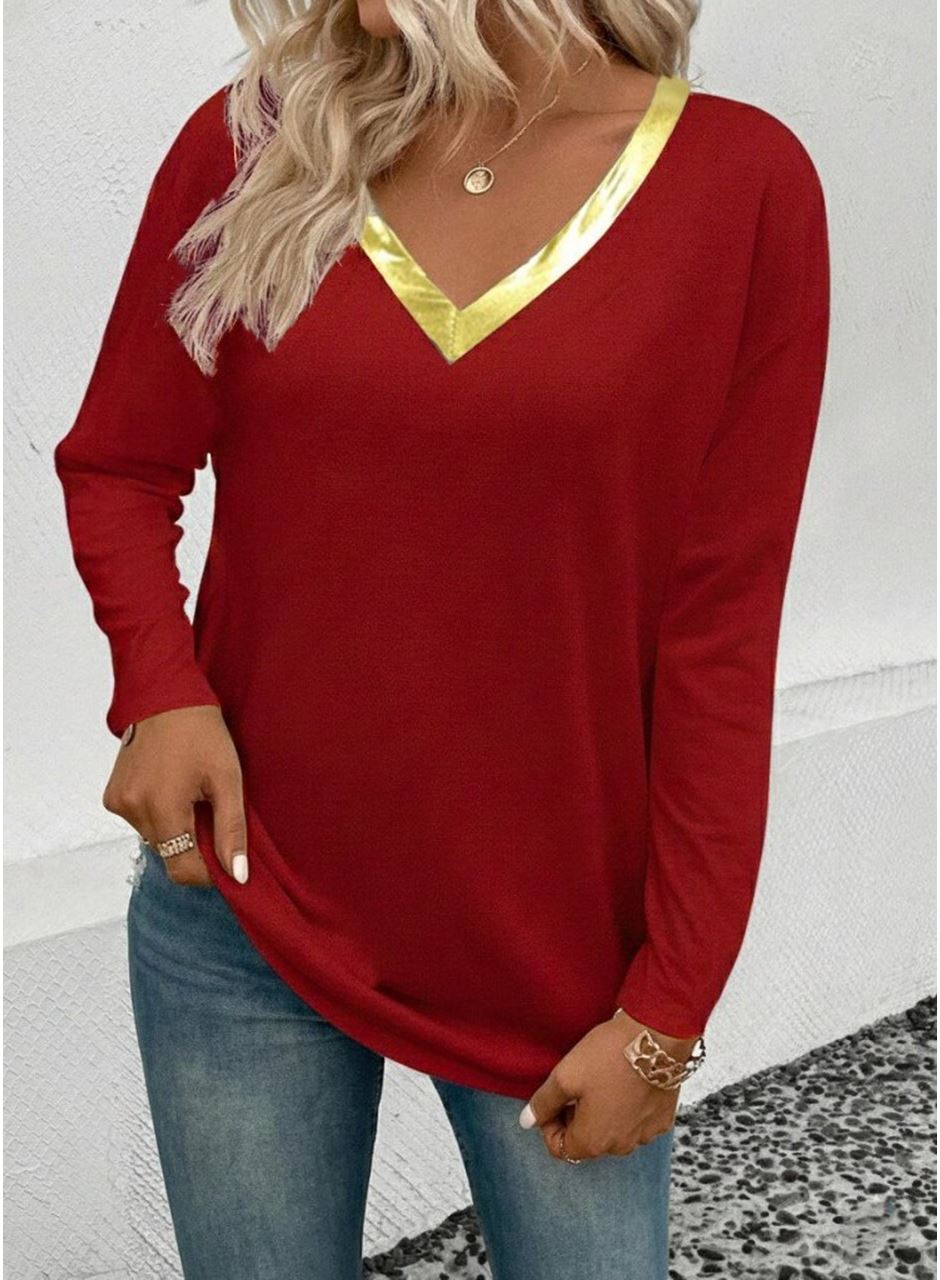 Kadın Uzun Kollu V Parlak Yaka Detaylı Viskon Bluz