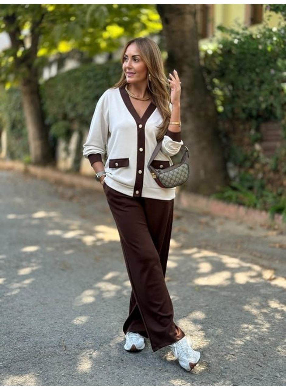 Kadın Uzun Kollu Ribanali Cep Detay Hırka Ve Bol Paça Pantolon Ikili Takım