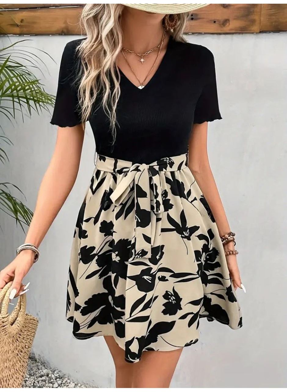 Kadın Kısa Kollu V Yakalı Belden Kuşaklı çiçek Desenli üst Viskon Alt Süprem Elbise