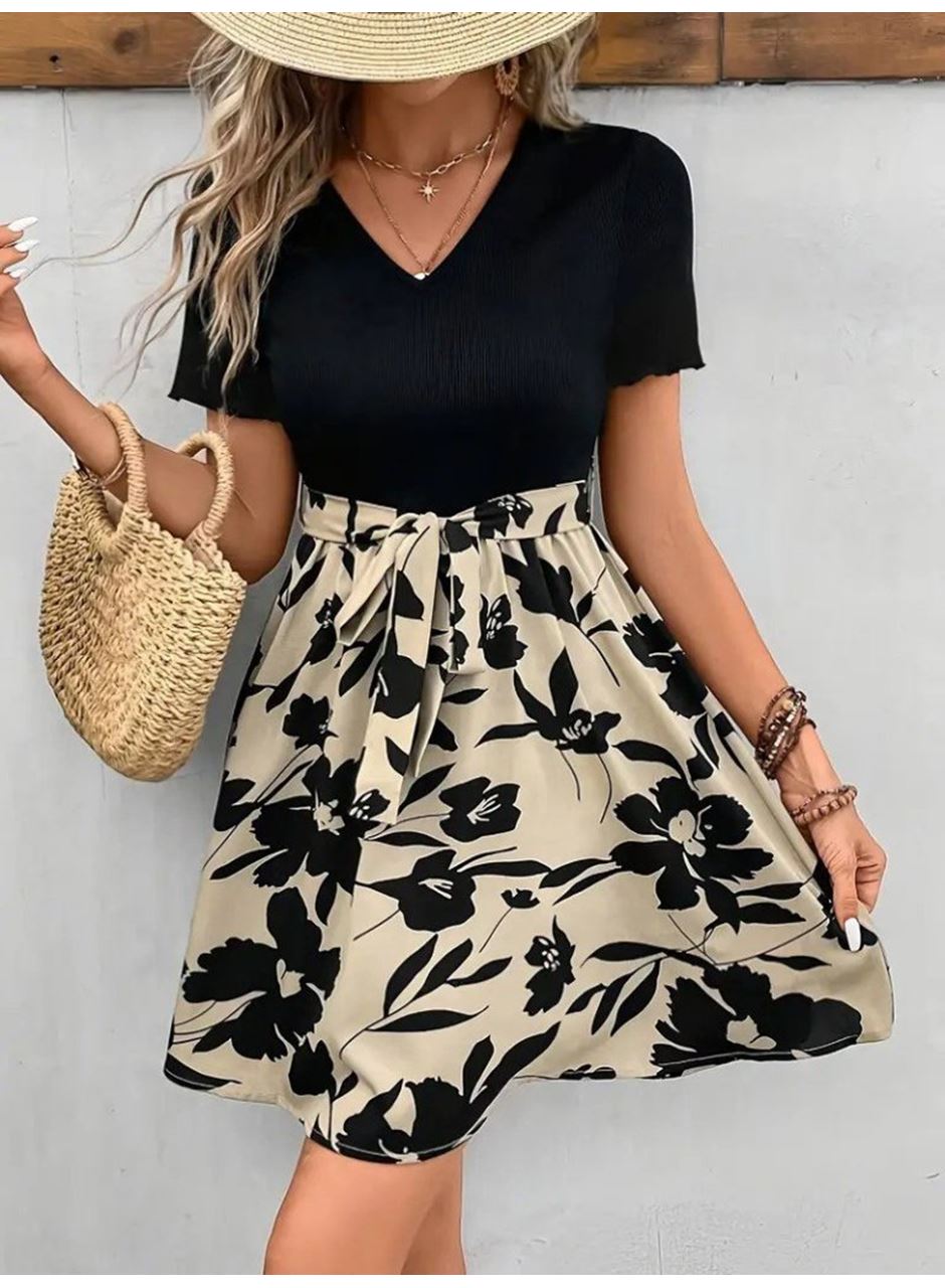 Kadın Kısa Kollu V Yakalı Belden Kuşaklı çiçek Desenli üst Viskon Alt Süprem Elbise