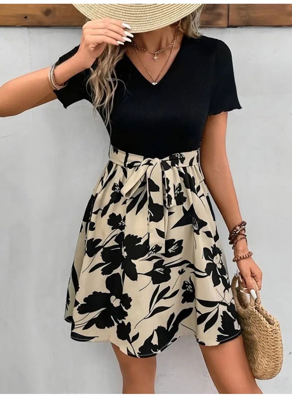 Kadın Kısa Kollu V Yakalı Belden Kuşaklı çiçek Desenli üst Viskon Alt Süprem Elbise
