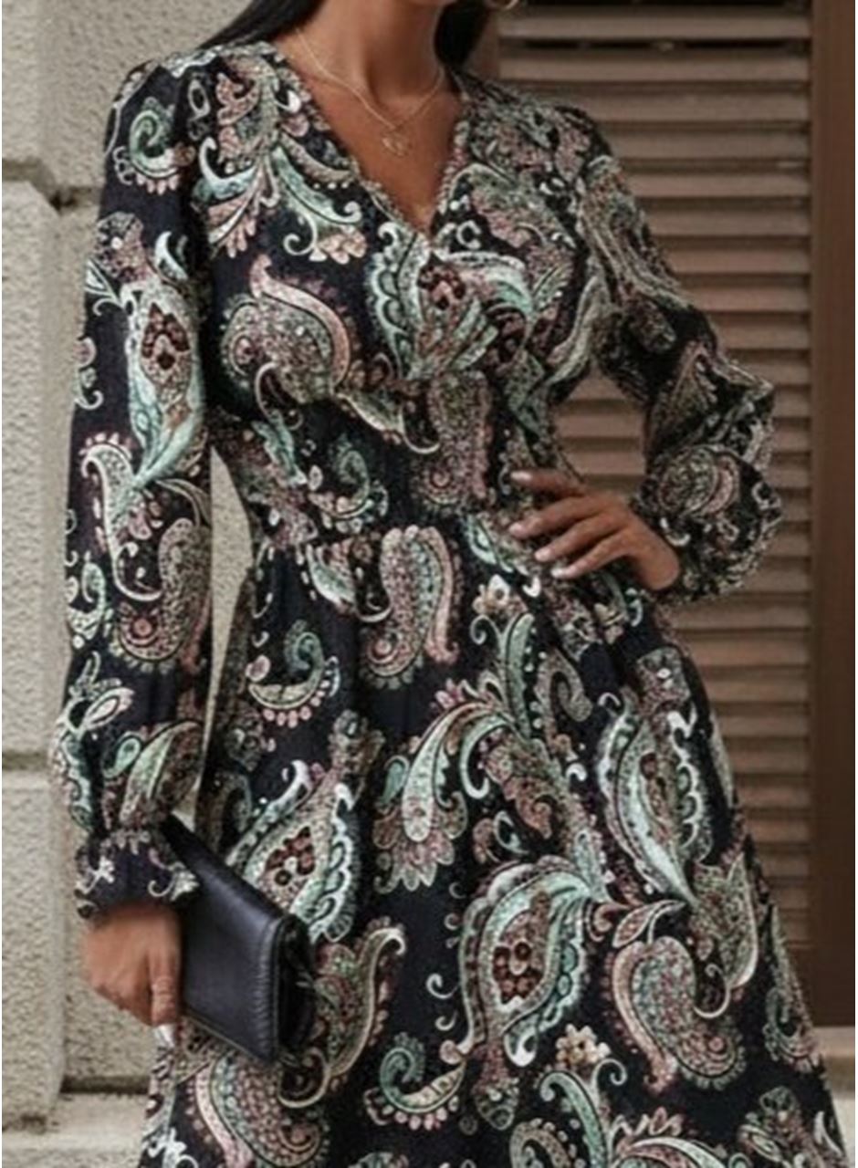 Kadın Uzun Kollu Kruvaze Yaka Beli Lastikli Uzun Desenli Maxi Elbise