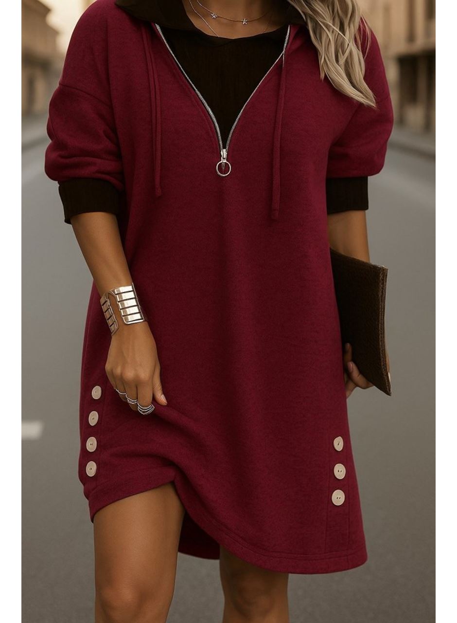 Kadın Uzun Kollu Kapşonlu önden Fermuarlı Düğmeli Mini Iki Iplik Elbise