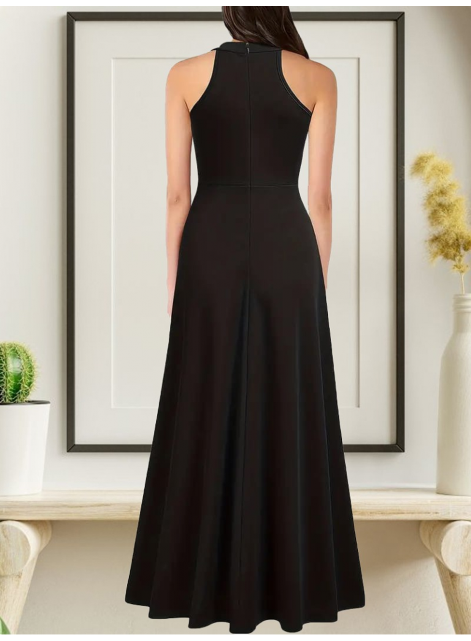 Kadın Halter Yaka Derin Yırtmaç Detaylı Tam Boy Ithal Krep Abiye Elbise