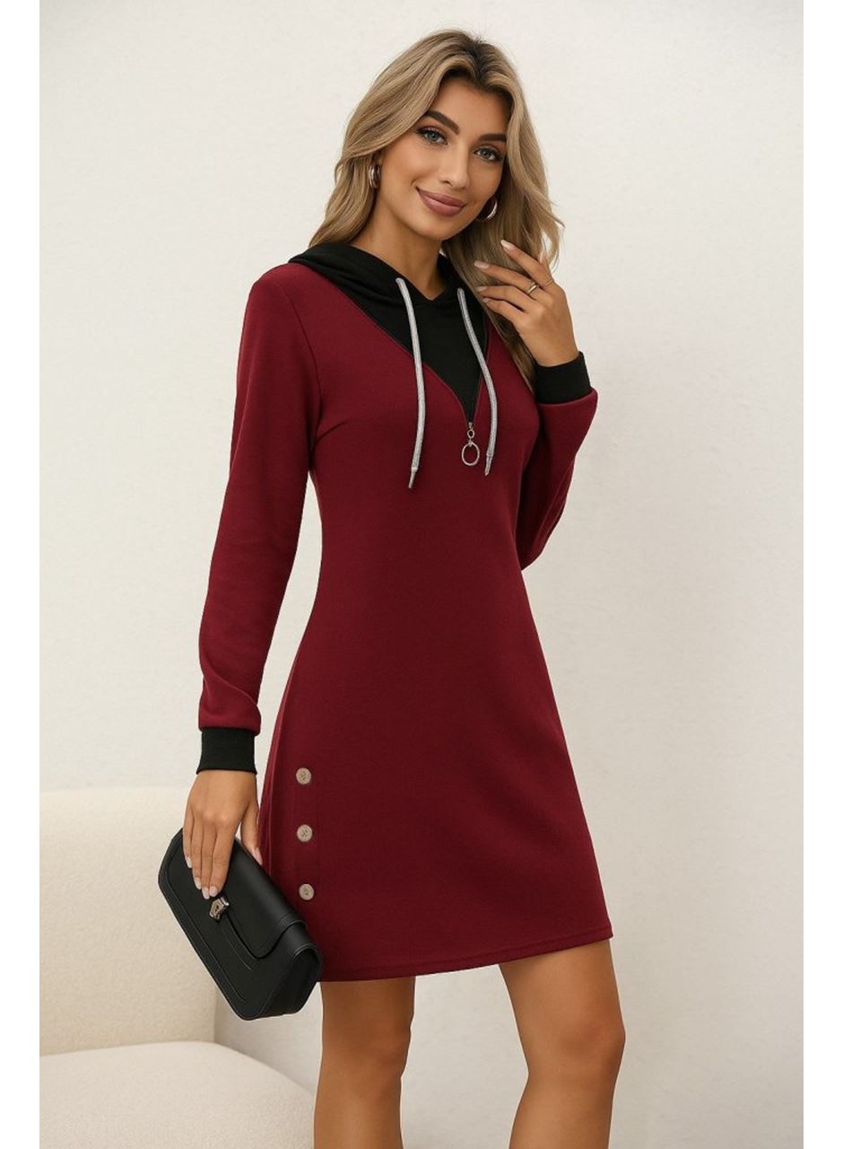 Kadın Uzun Kollu Kapşonlu önden Fermuarlı Düğmeli Mini Iki Iplik Elbise